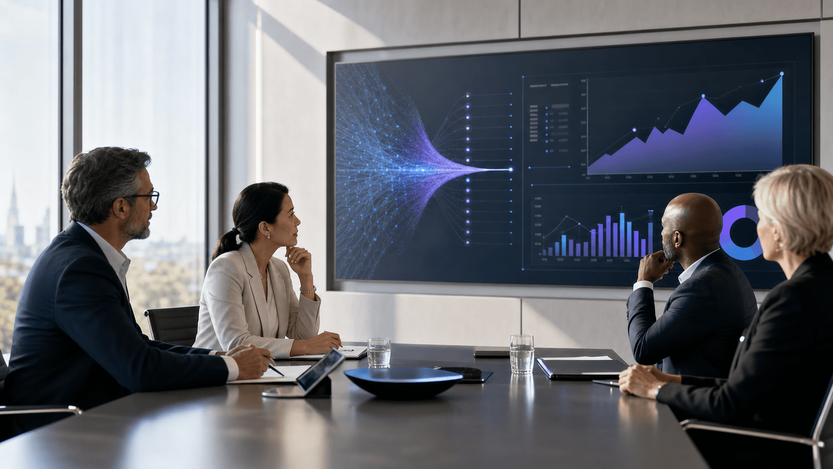Executive team reviewing intent analytics on a conference room display